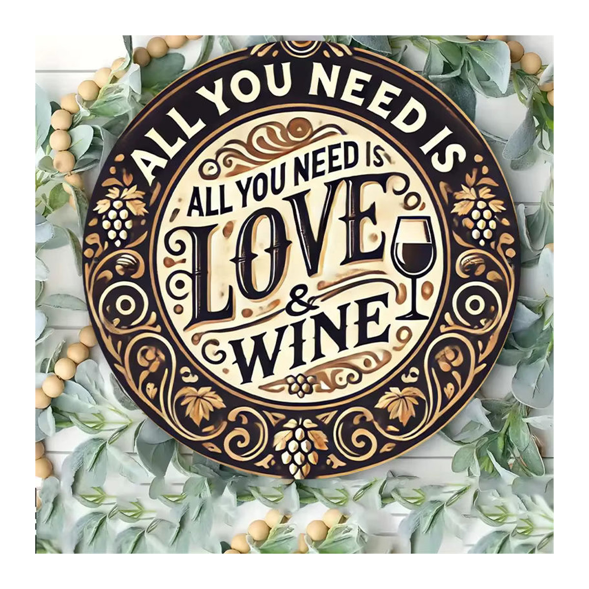 Rundes Metallschild Potdemiel All You Need Is Love & Wine im Vintage-Stil mit floralem Design, mehrfarbig - Bild 3