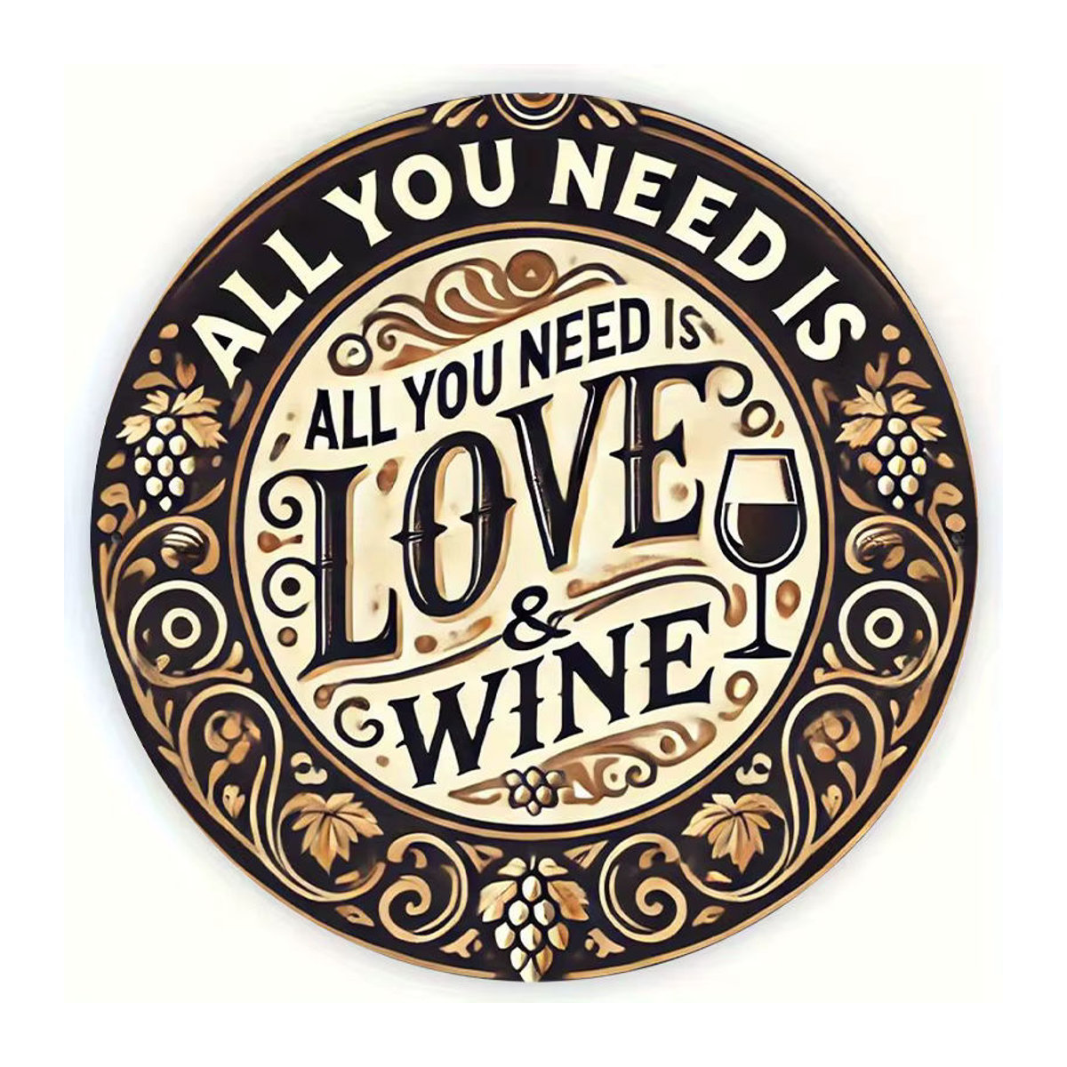 Rundes Metallschild Potdemiel All You Need Is Love & Wine im Vintage-Stil mit floralem Design, mehrfarbig - Bild 4
