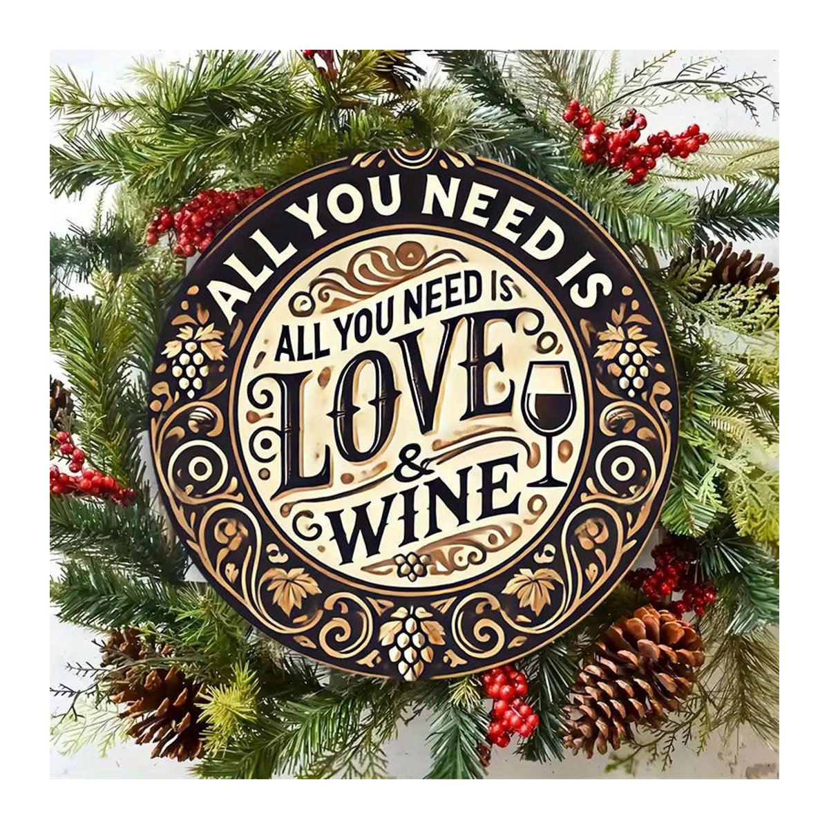 Rundes Metallschild Potdemiel All You Need Is Love & Wine im Vintage-Stil mit floralem Design, mehrfarbig - Bild 5