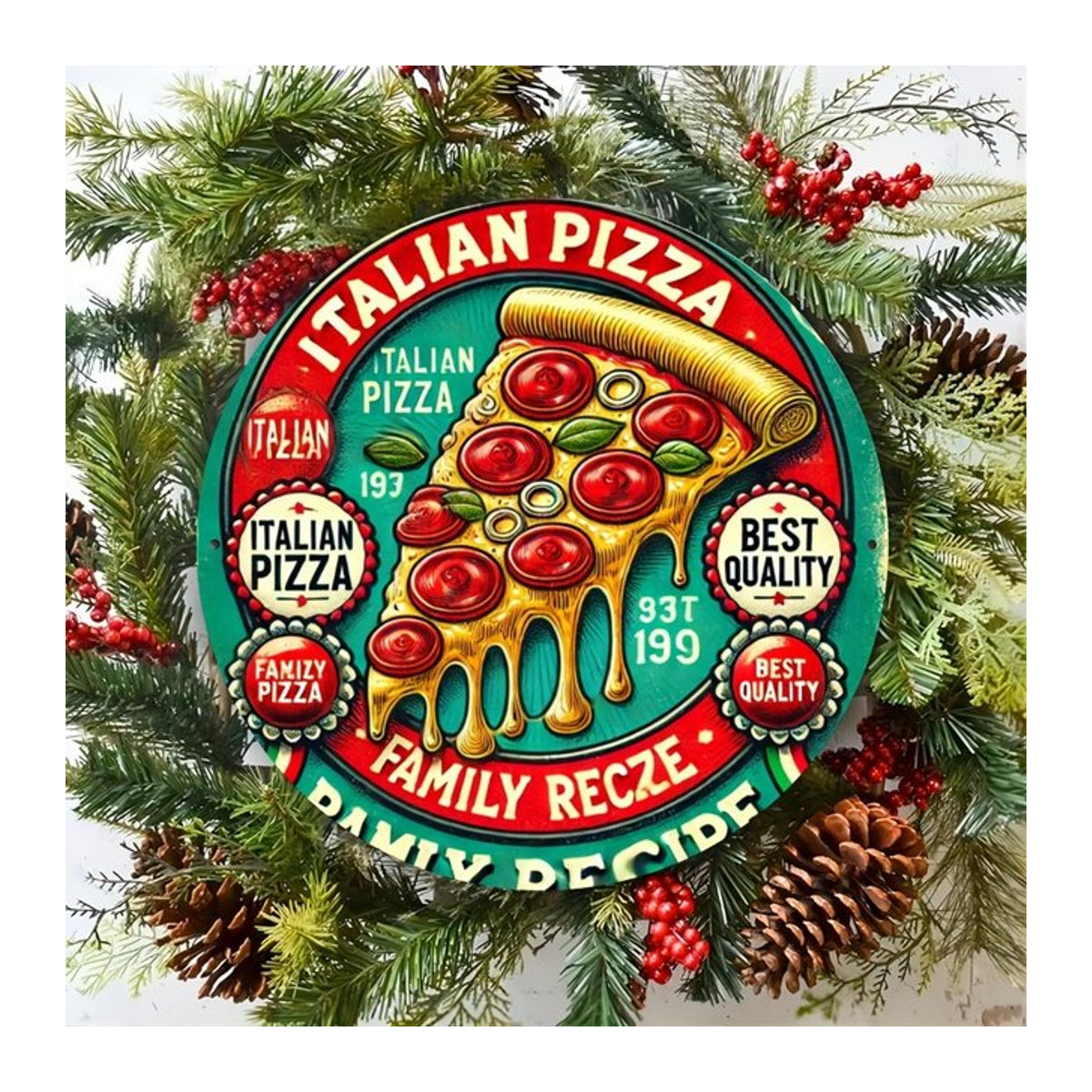 Rundes Metallschild Potdemiel im Vintage-Stil mit Pizza-Motiv, mehrfarbig, Durchmesser: 20,32 cm - Bild 1