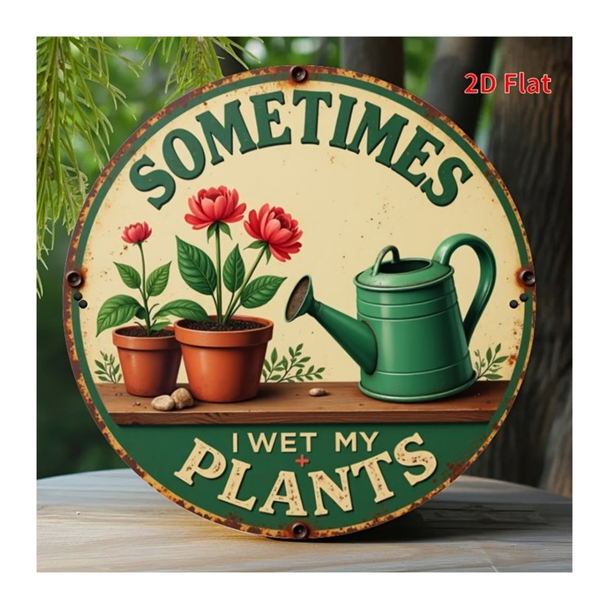 Rundes Metallschild Vintage Sometimes I Water My Plants in Country Green mit floralem Design, Durchmesser: 19,81 cm - Bild 1
