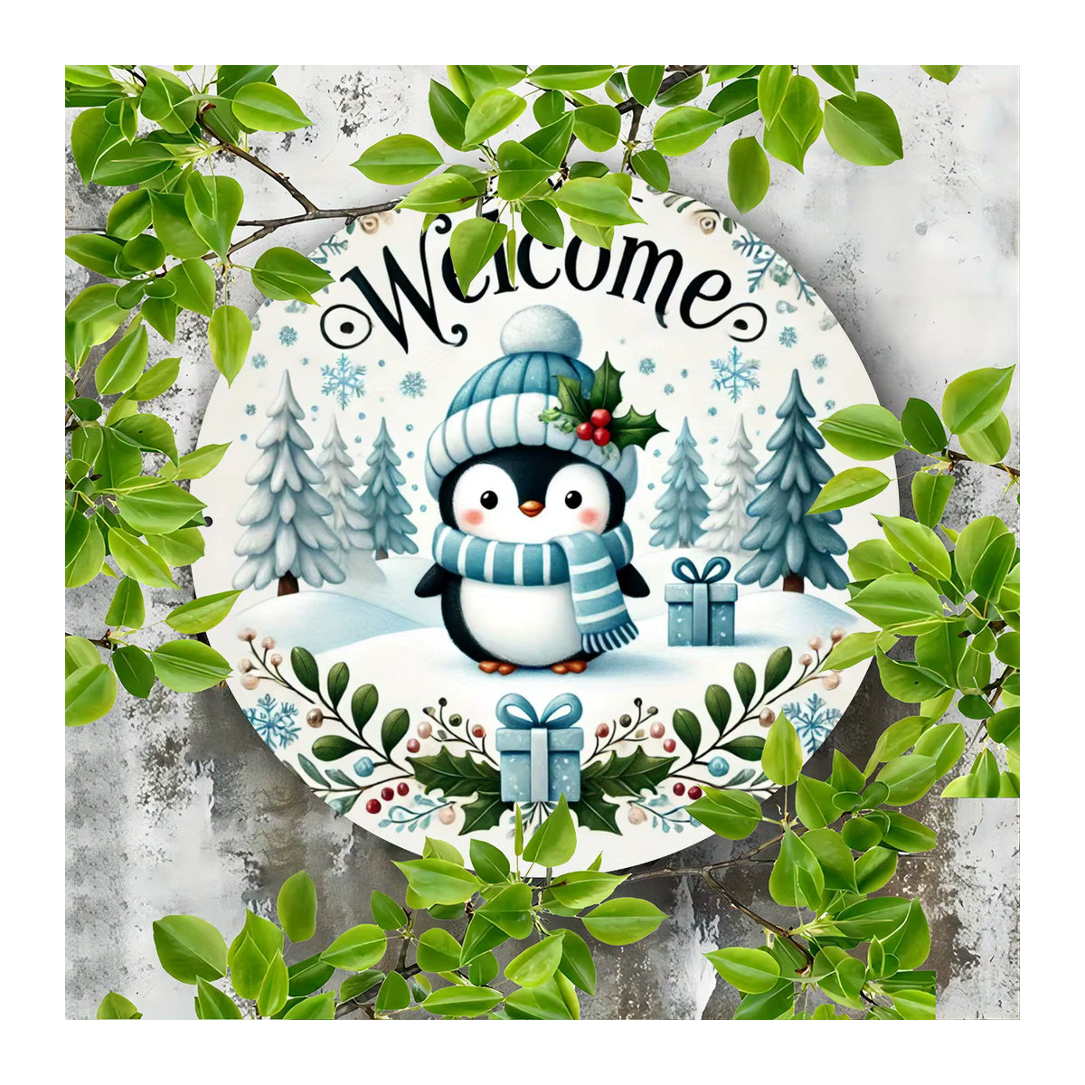 Rundes Metallwandschild mit Pinguin in Winterkleidung als Weihnachtsdekoration, mehrfarbig, Durchmesser: 20,32 cm - Bild 1