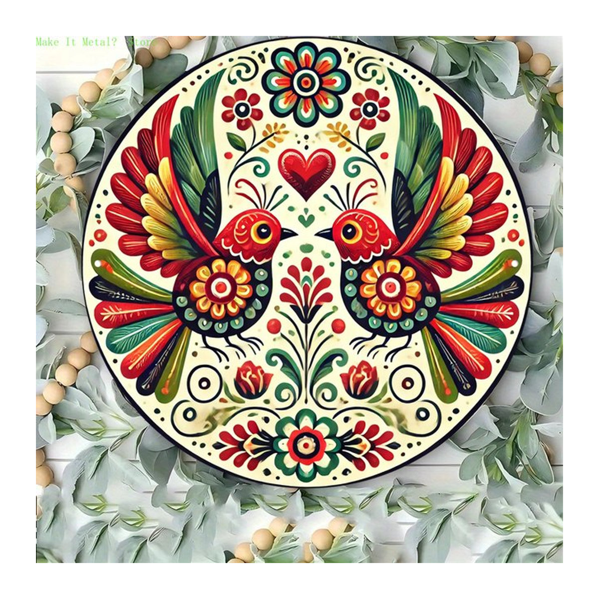 Rundes Mexikanisches Blechschild Liebesvögel mit Blumenmuster in Mehrfarbig, Boho Wandkunst aus Metall für deine Heimdekoration - Bild 1