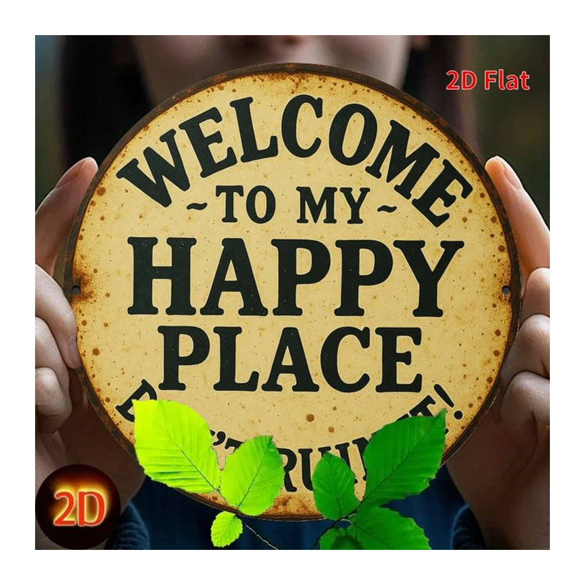 Rundes Retro-Metallschild Welcome to My Happy Place in Beige mit Vintage-Design für die Wandmontage - Bild 1