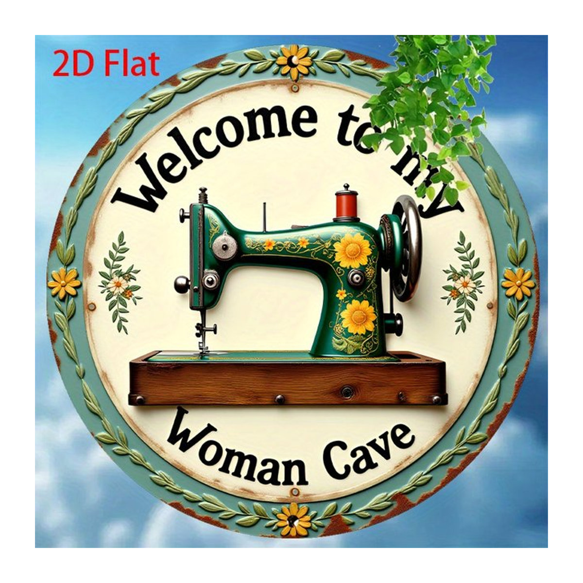 Rundes Retro-Vintage Aluminium-Blechschild Wandkunst Potdemiel Welcome to My Woman Cave mit floralem Design in Grün - Bild 1