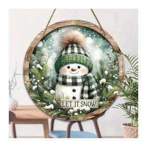 Rundes Schneemann Holzschild als hängende Weihnachtsdekoration im Landhausstil, mehrfarbig mit Schnur