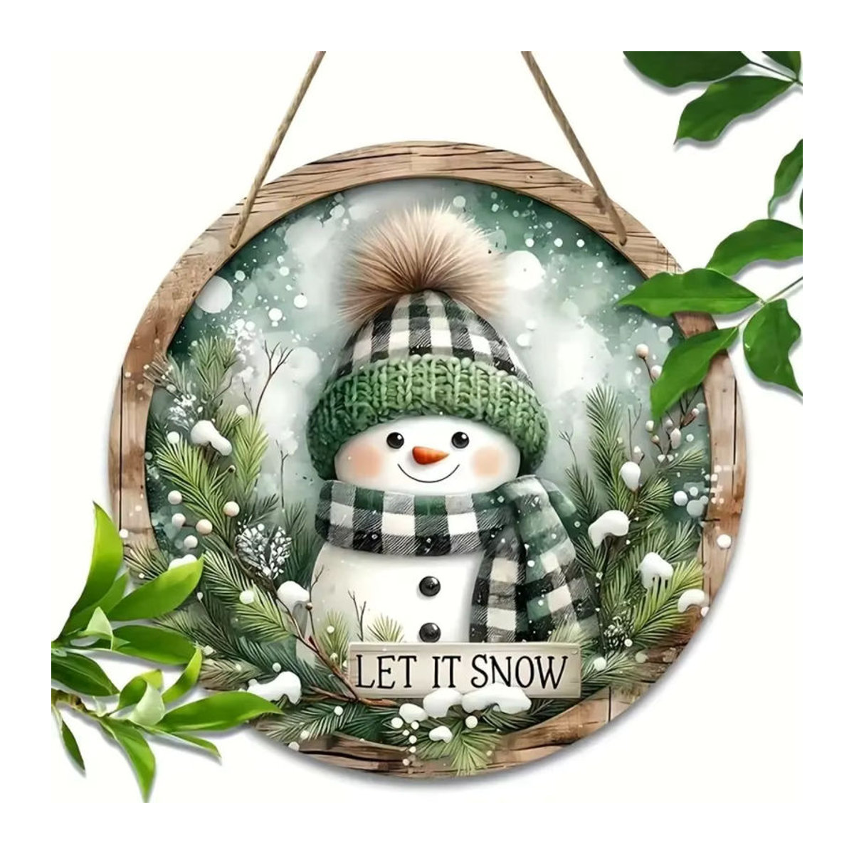 Rundes Schneemann Holzschild als hängende Weihnachtsdekoration im Landhausstil, mehrfarbig mit Schnur - Bild 2