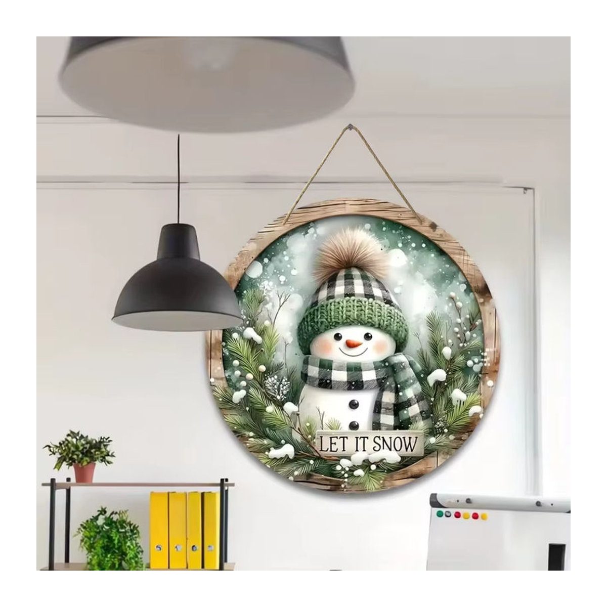 Rundes Schneemann Holzschild als hängende Weihnachtsdekoration im Landhausstil, mehrfarbig mit Schnur - Bild 3
