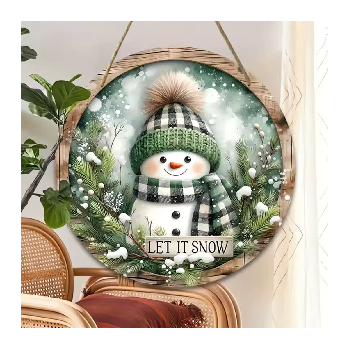 Rundes Schneemann Holzschild als hängende Weihnachtsdekoration im Landhausstil, mehrfarbig mit Schnur - Bild 4