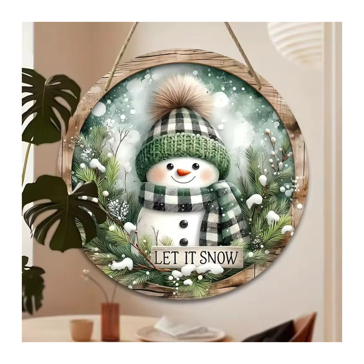 Rundes Schneemann Holzschild als hängende Weihnachtsdekoration im Landhausstil, mehrfarbig mit Schnur - Bild 6