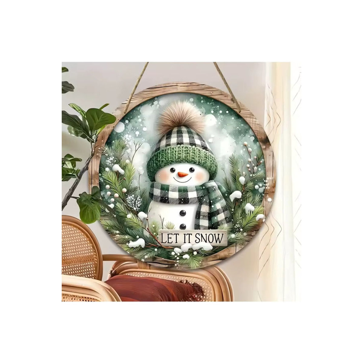 Rundes Schneemann Holzschild als hängende Weihnachtsdekoration im Landhausstil, mehrfarbig mit Schnur - Bild 7