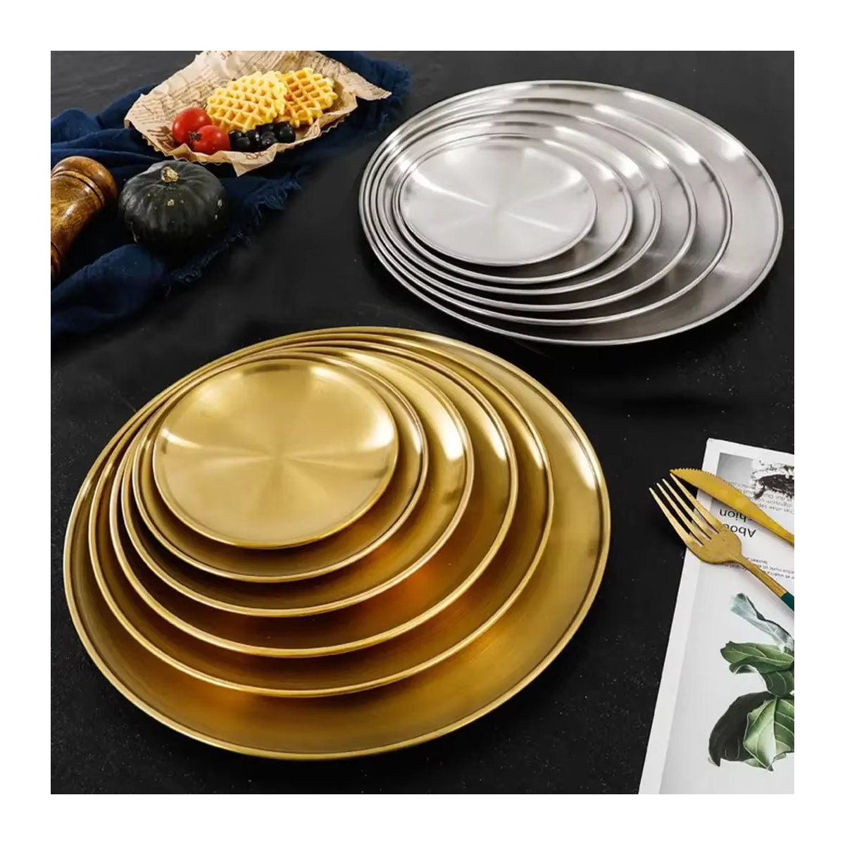 Rundes Serviertablett aus Edelstahl in Gold für Café, Obst und Dessert - Bild 3