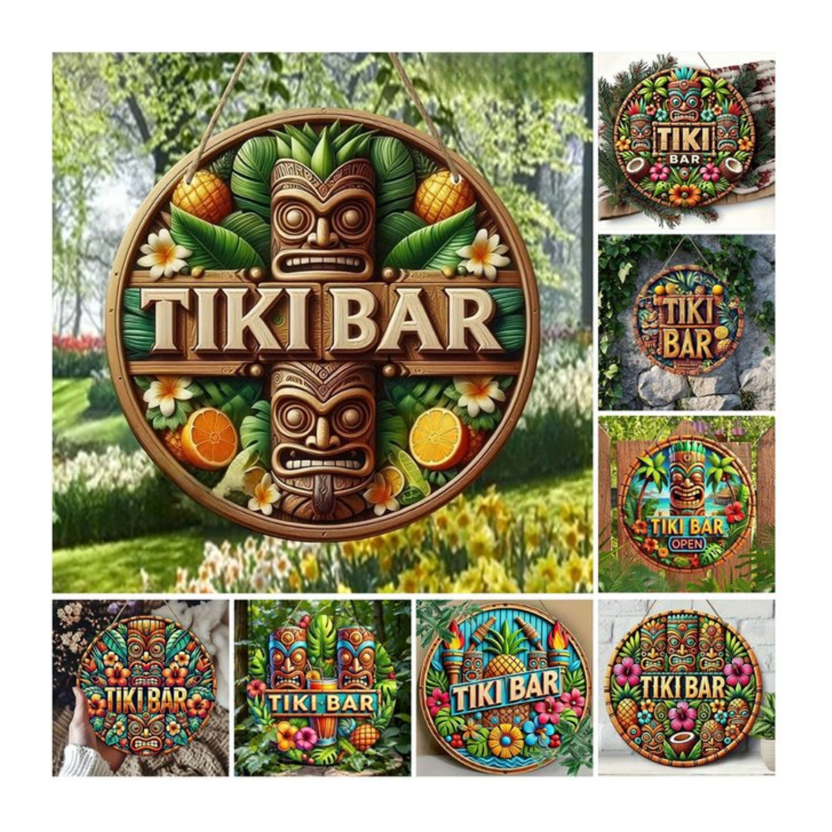 Rundes Tiki Bar Holzschild mit floralem Design in Mehrfarbig, rustikale hawaiianische Stranddekoration zum Aufhängen - Bild 1
