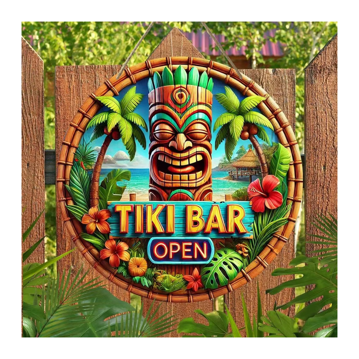 Rundes Tiki Bar Holzschild mit floralem Design in Mehrfarbig, rustikale hawaiianische Stranddekoration zum Aufhängen - Bild 2