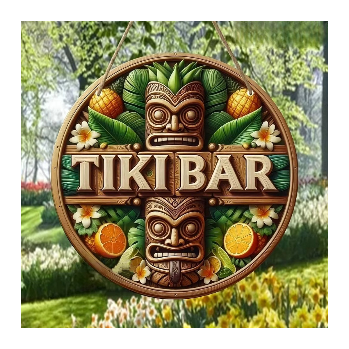 Rundes Tiki Bar Holzschild mit floralem Design in Mehrfarbig, rustikale hawaiianische Stranddekoration zum Aufhängen - Bild 3