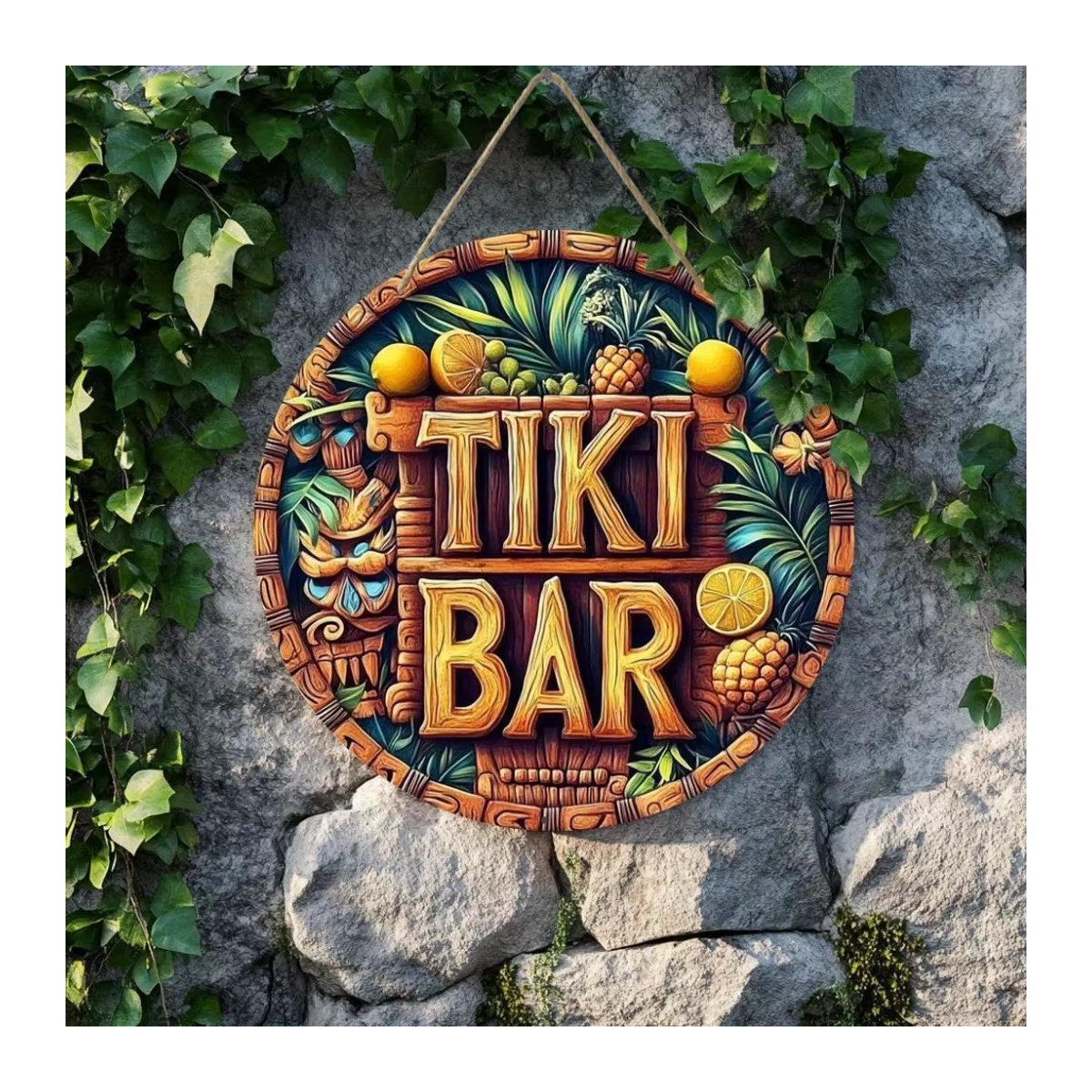 Rundes Tiki Bar Holzschild mit floralem Design in Mehrfarbig, rustikale hawaiianische Stranddekoration zum Aufhängen - Bild 4