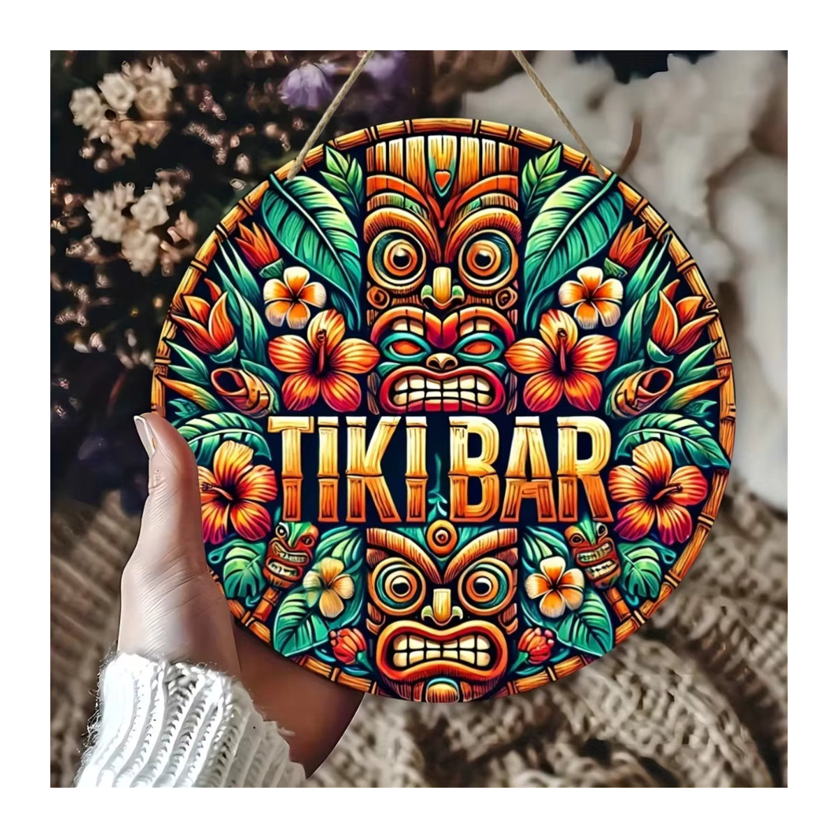 Rundes Tiki Bar Holzschild mit floralem Design in Mehrfarbig, rustikale hawaiianische Stranddekoration zum Aufhängen - Bild 5