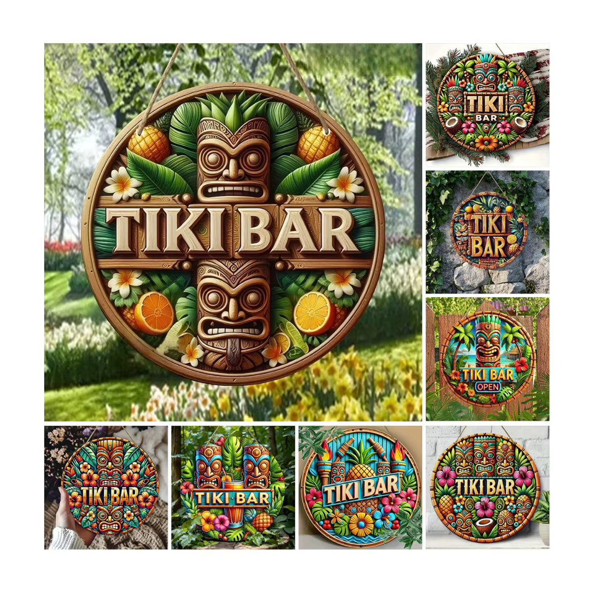 Rundes Tiki Bar Holzschild mit floralem Design in Mehrfarbig, rustikale hawaiianische Stranddekoration zum Aufhängen - Bild 6
