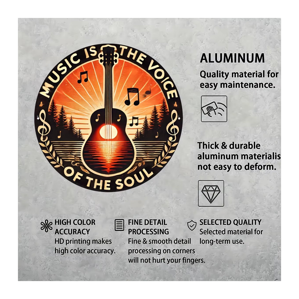 Rundes Vintage-Aluminium-Wandbild mit Sonnenuntergang und Gitarrenmusik, Mehrfarbige Leinwandkunst mit magischen Symbolen für deine Heimdekoration - Bild 4