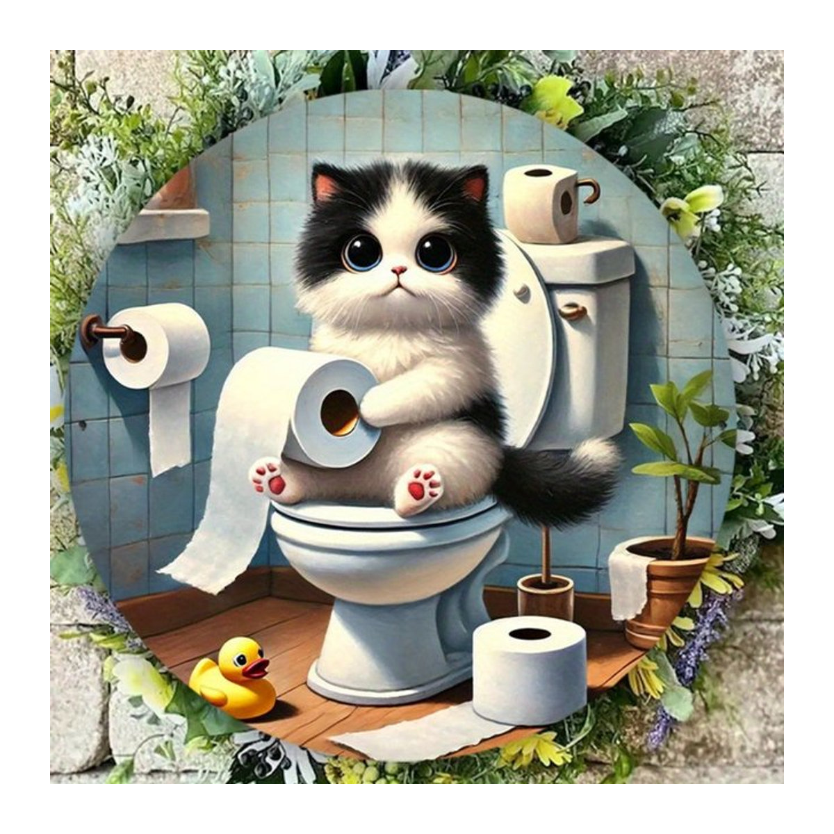Rundes Vintage-Aluminiumschild Hello Young Charming Cat on Toilet aus Metall, mehrfarbig, Durchmesser: 19,8 cm - Bild 1