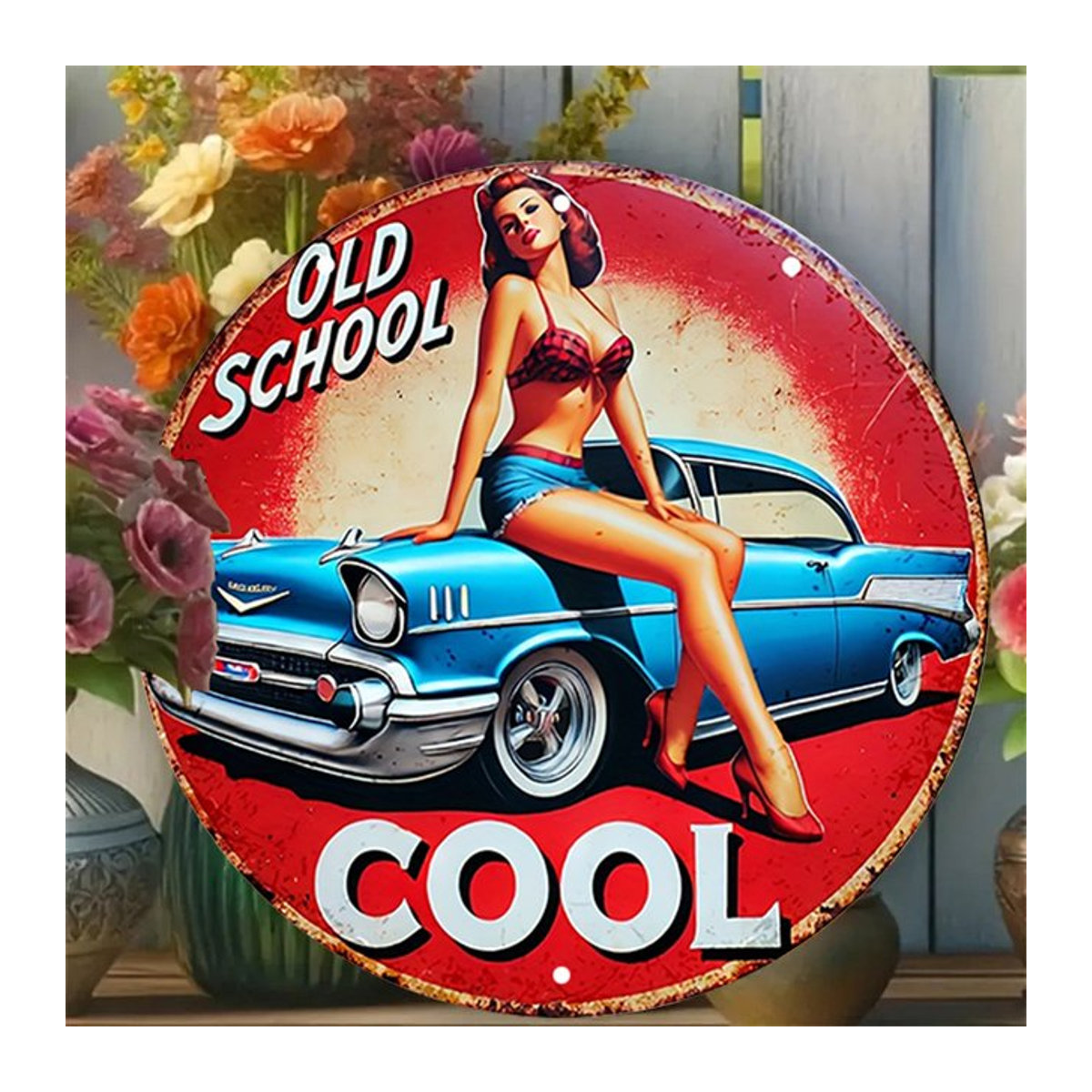 Rundes Vintage Aluminiumschild von Potdemiel mit Pin-Up Car und Cool Girl Design in Rot - Bild 1