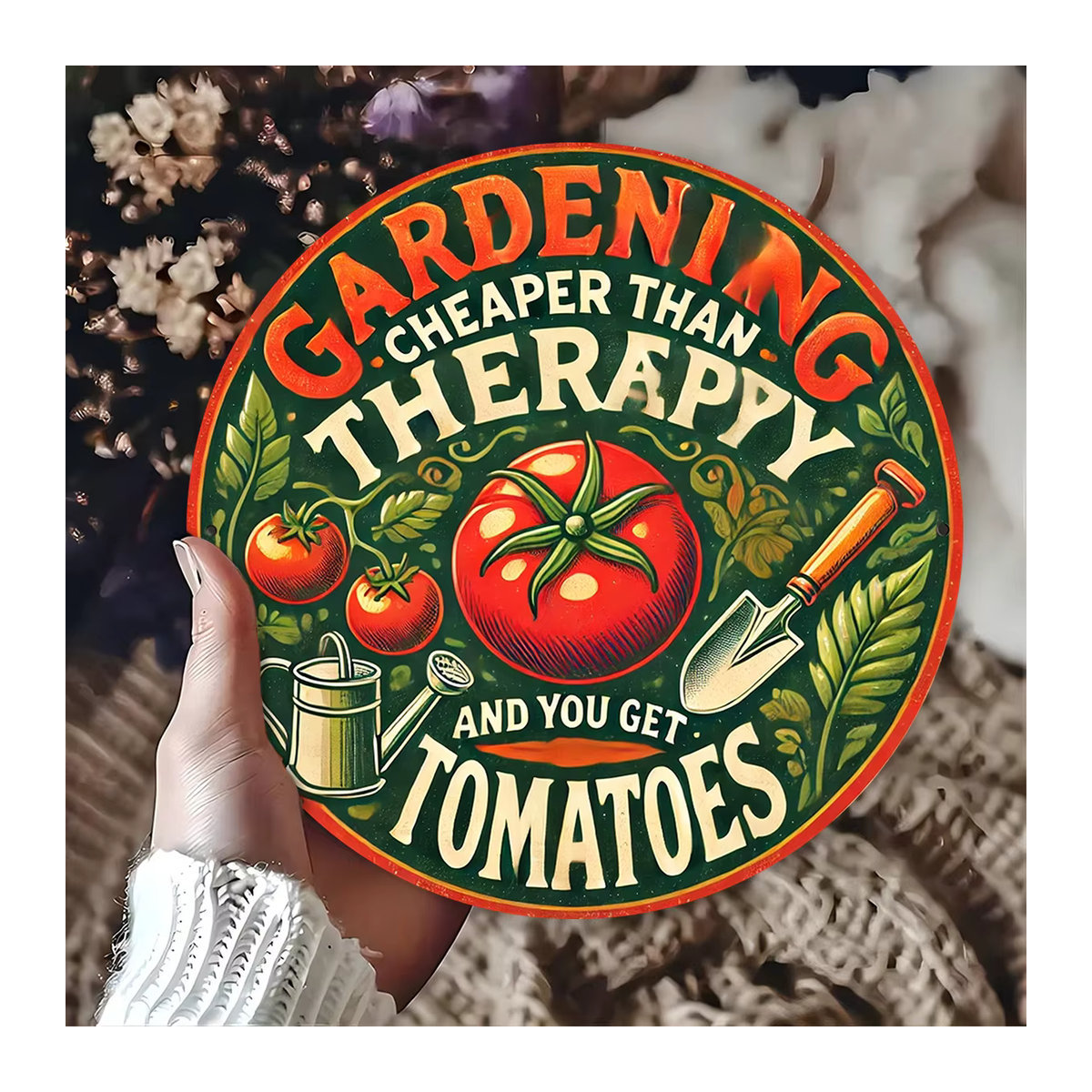 Rundes Vintage-Garten-Wandschild aus Metall von Potdemiel mit floralem Design und Spruch Gardening is Cheaper Than Counseling and You Get Tomatoes in Mehrfarbig - Bild 1