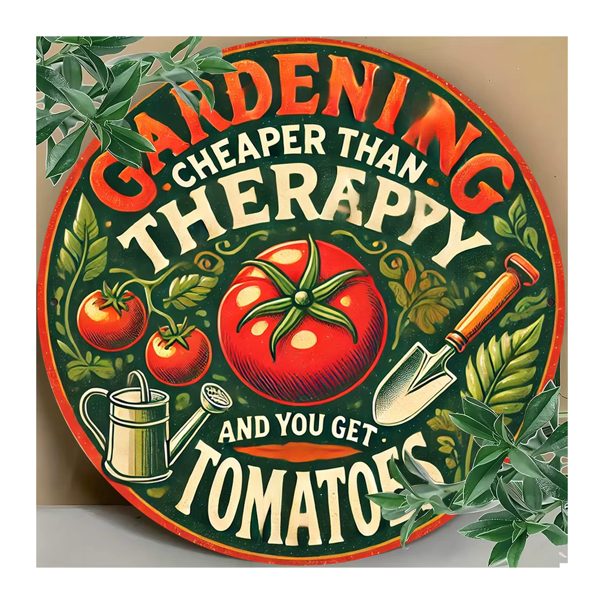 Rundes Vintage-Garten-Wandschild aus Metall von Potdemiel mit floralem Design und Spruch Gardening is Cheaper Than Counseling and You Get Tomatoes in Mehrfarbig - Bild 2