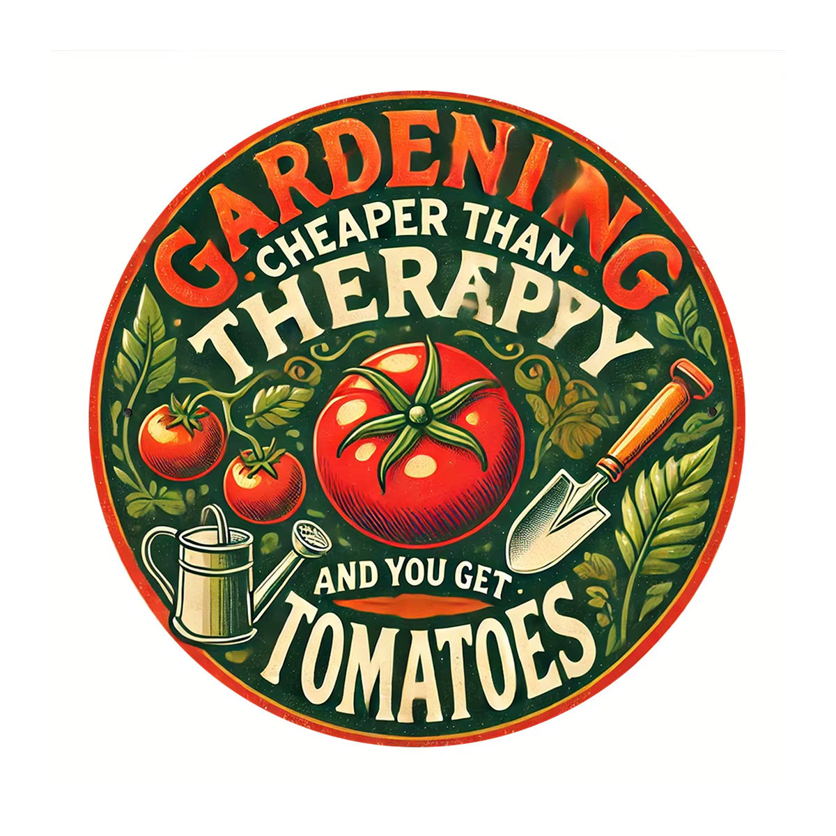 Rundes Vintage-Garten-Wandschild aus Metall von Potdemiel mit floralem Design und Spruch Gardening is Cheaper Than Counseling and You Get Tomatoes in Mehrfarbig - Bild 3