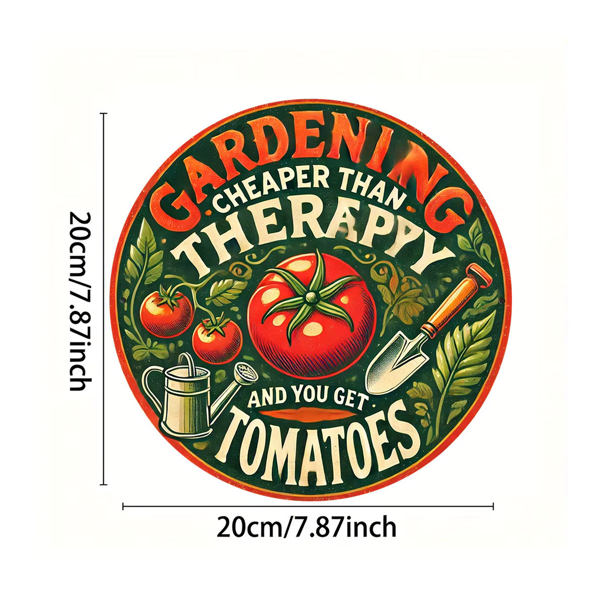 Rundes Vintage-Garten-Wandschild aus Metall von Potdemiel mit floralem Design und Spruch Gardening is Cheaper Than Counseling and You Get Tomatoes in Mehrfarbig - Bild 4