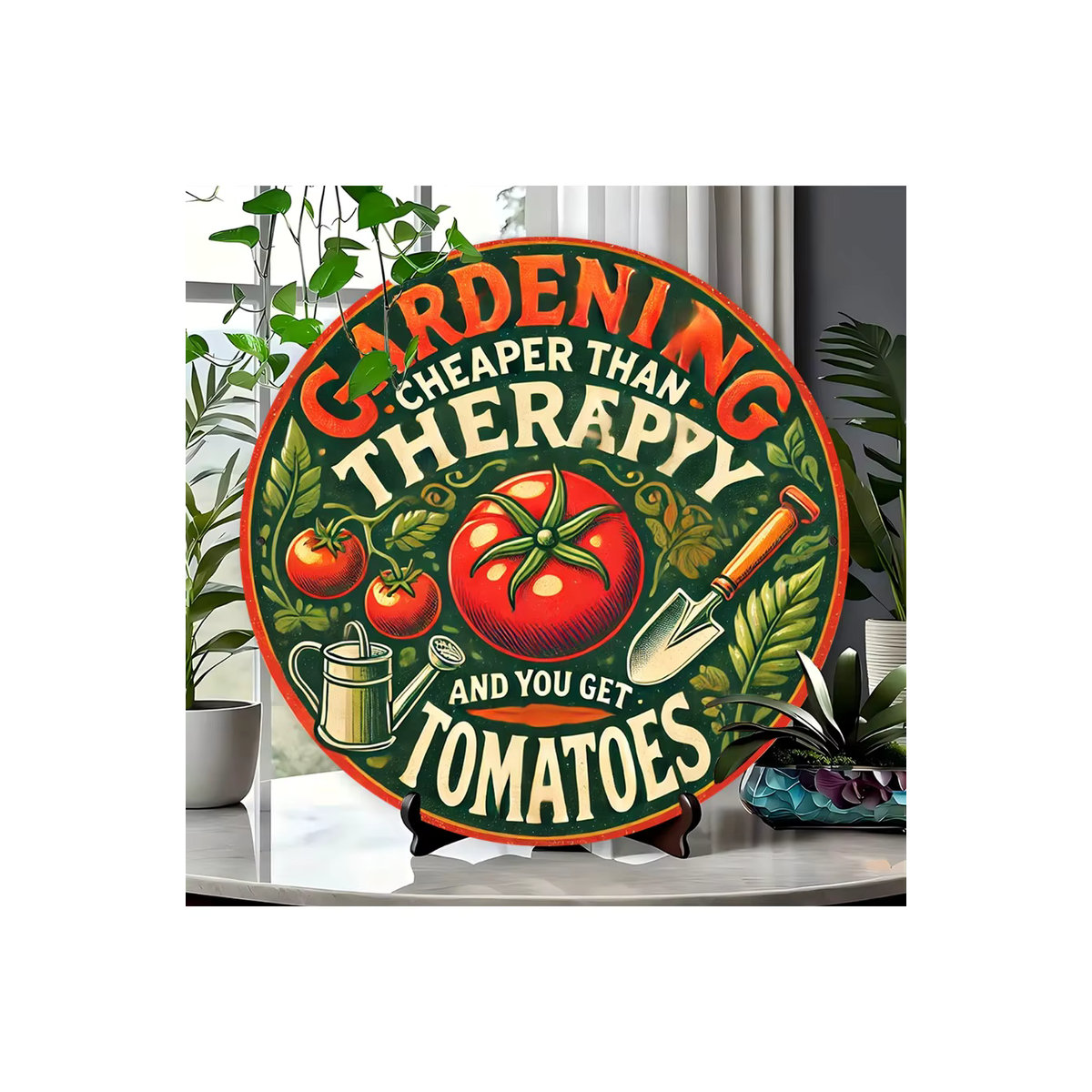 Rundes Vintage-Garten-Wandschild aus Metall von Potdemiel mit floralem Design und Spruch Gardening is Cheaper Than Counseling and You Get Tomatoes in Mehrfarbig - Bild 5