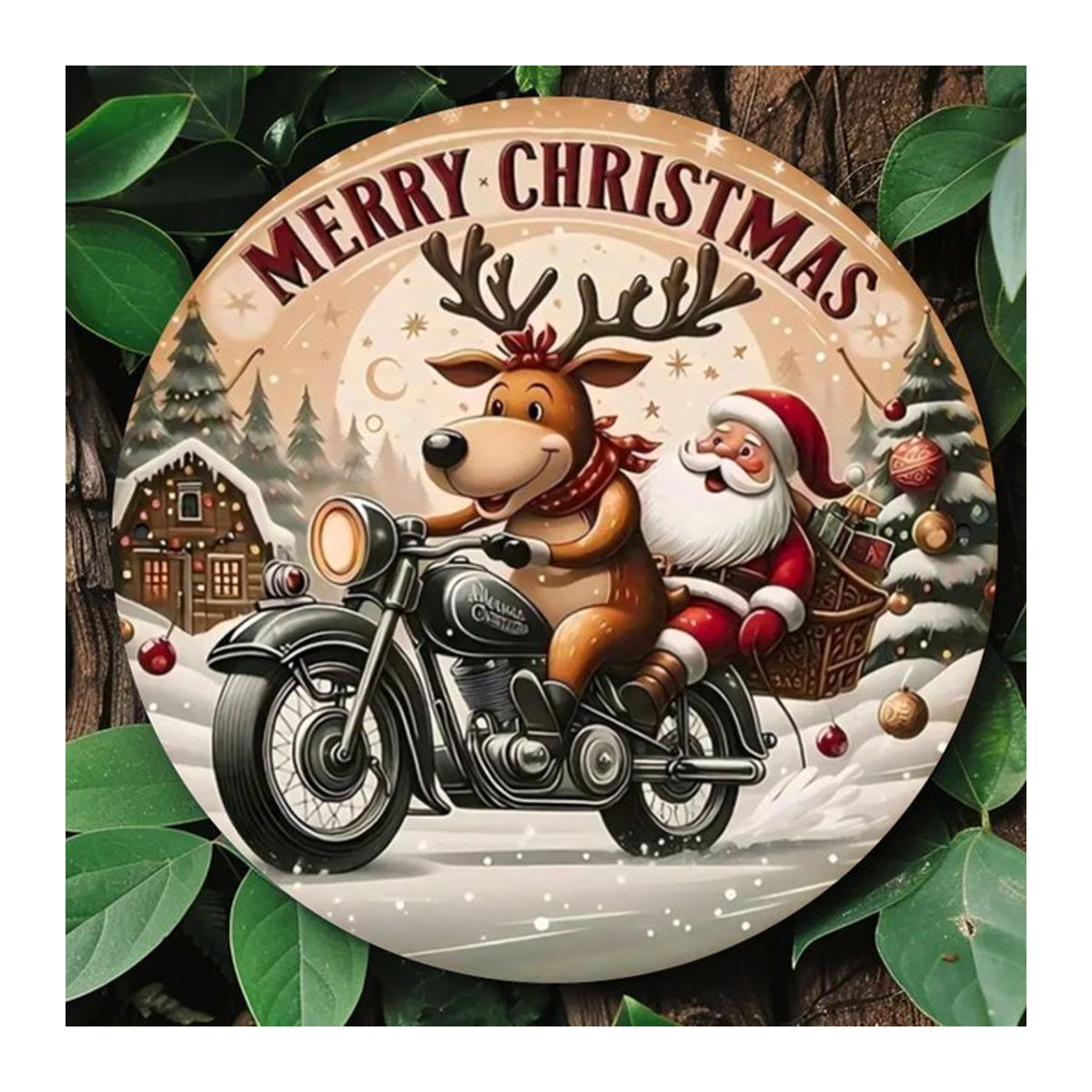 Rundes Vintage-Holzschild Potdemiel Lustiges Weihnachtsrentier mit Weihnachtsmann Wandkunst mehrfarbig Durchmesser: 19,99 cm - Bild 1