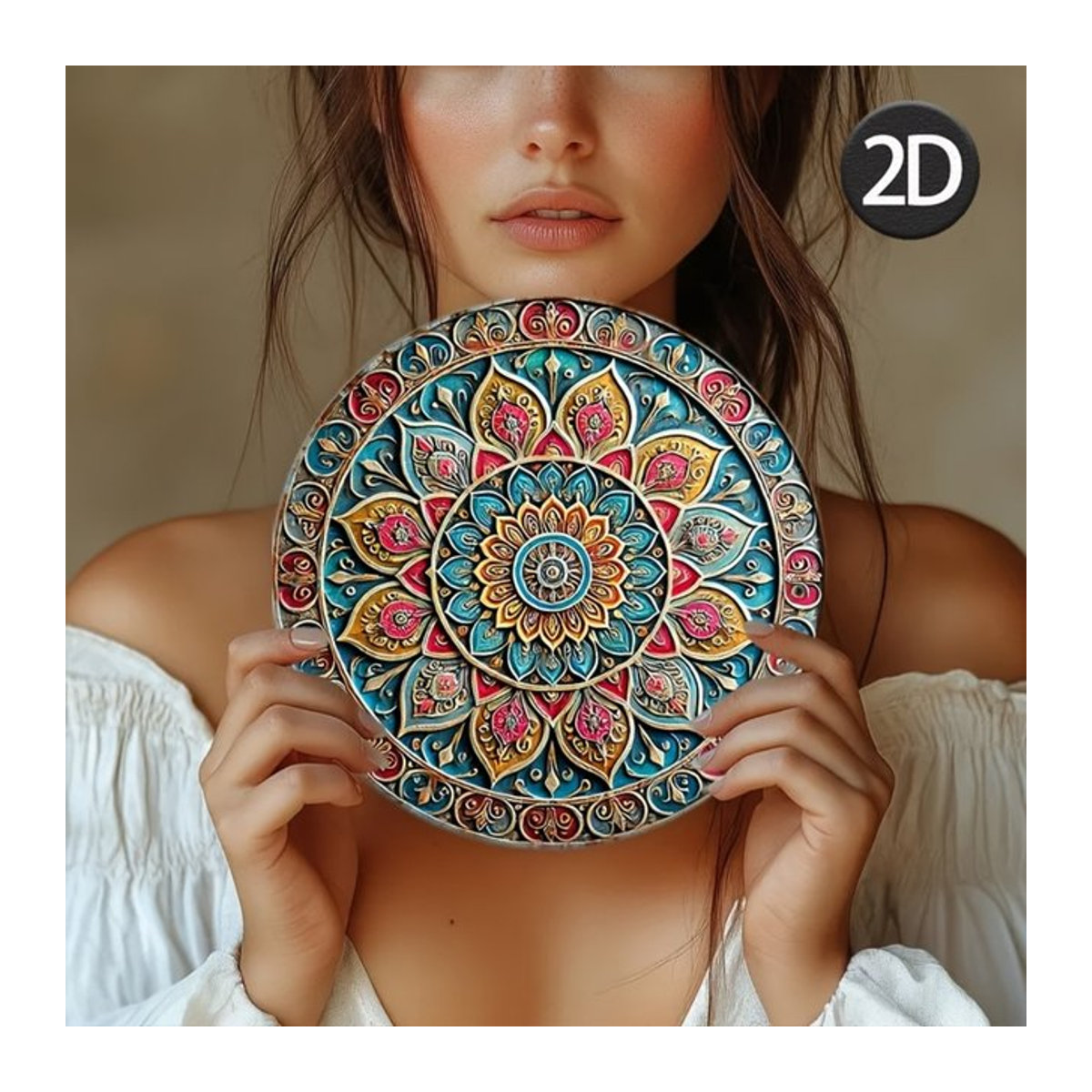 Rundes Vintage-Metallschild Hello Young mit ethnischem Mandala-Muster in Mehrfarbig zur Wandmontage - Bild 1