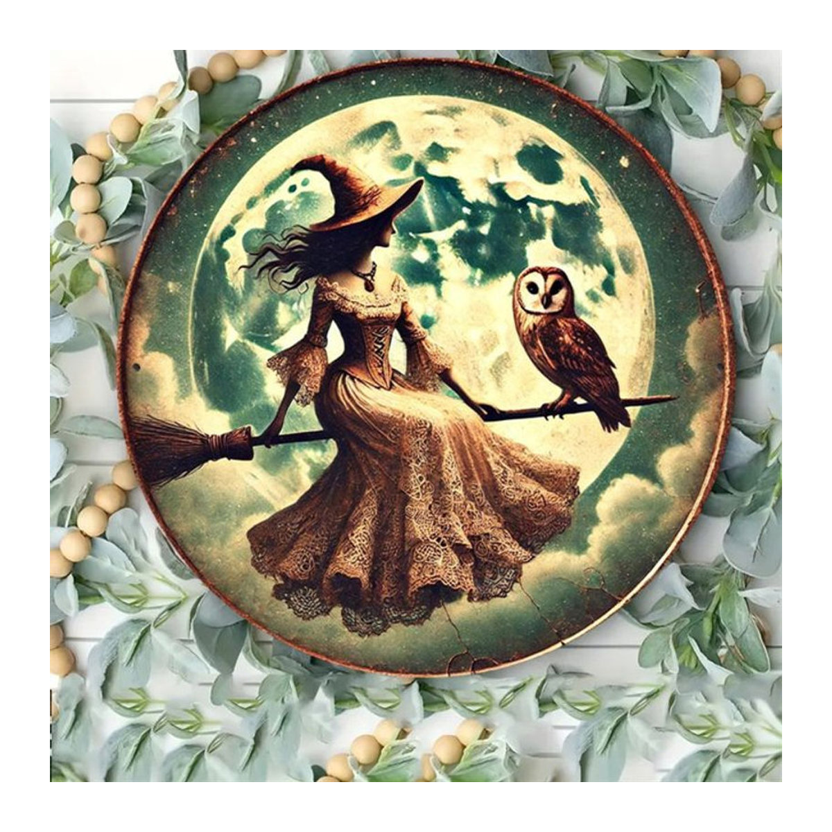 Rundes Vintage-Metallschild HELLOYOUNG mit Hexe und Eule für Halloween, mehrfarbige Wanddekoration aus Eisen - Bild 1