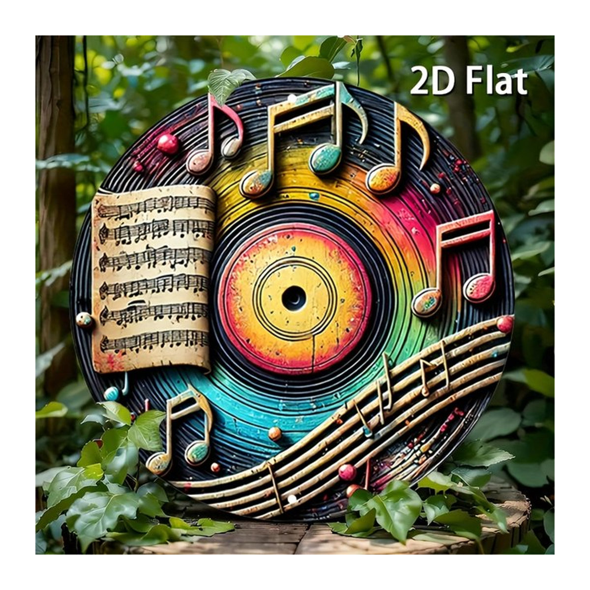 Rundes Vintage-Metallschild Potdemiel mit bunten Musiknoten und Schallplatten in mehrfarbigem Design - Bild 1