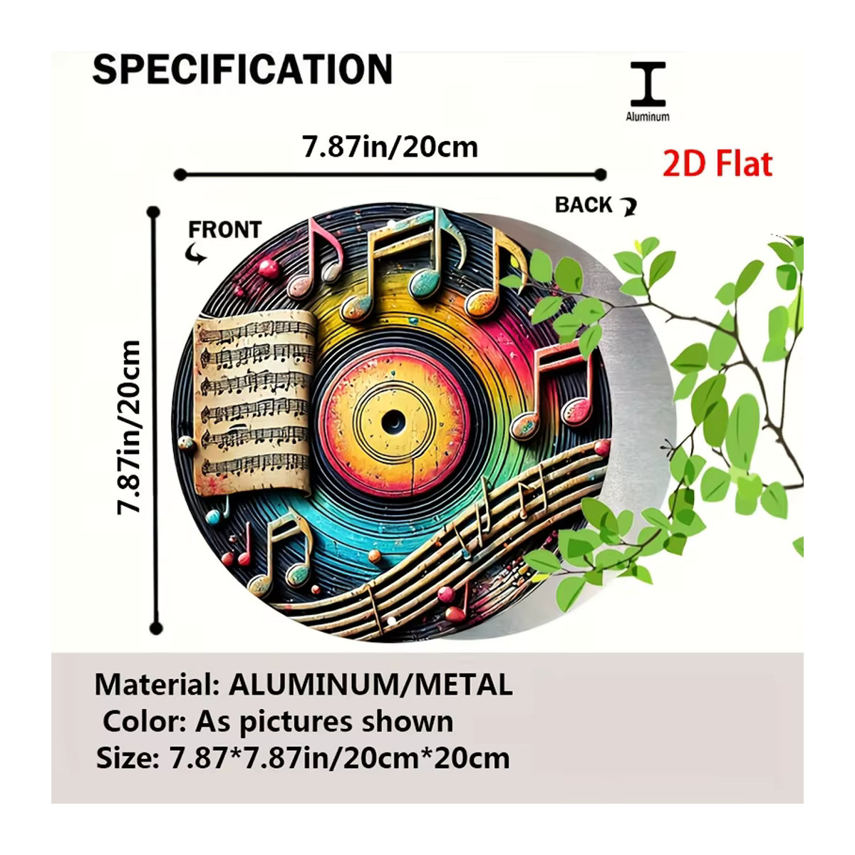 Rundes Vintage-Metallschild Potdemiel mit bunten Musiknoten und Schallplatten in mehrfarbigem Design - Bild 2