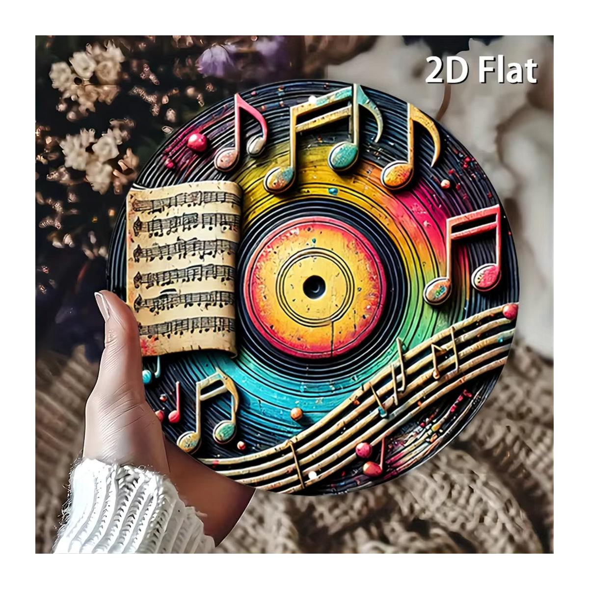Rundes Vintage-Metallschild Potdemiel mit bunten Musiknoten und Schallplatten in mehrfarbigem Design - Bild 3