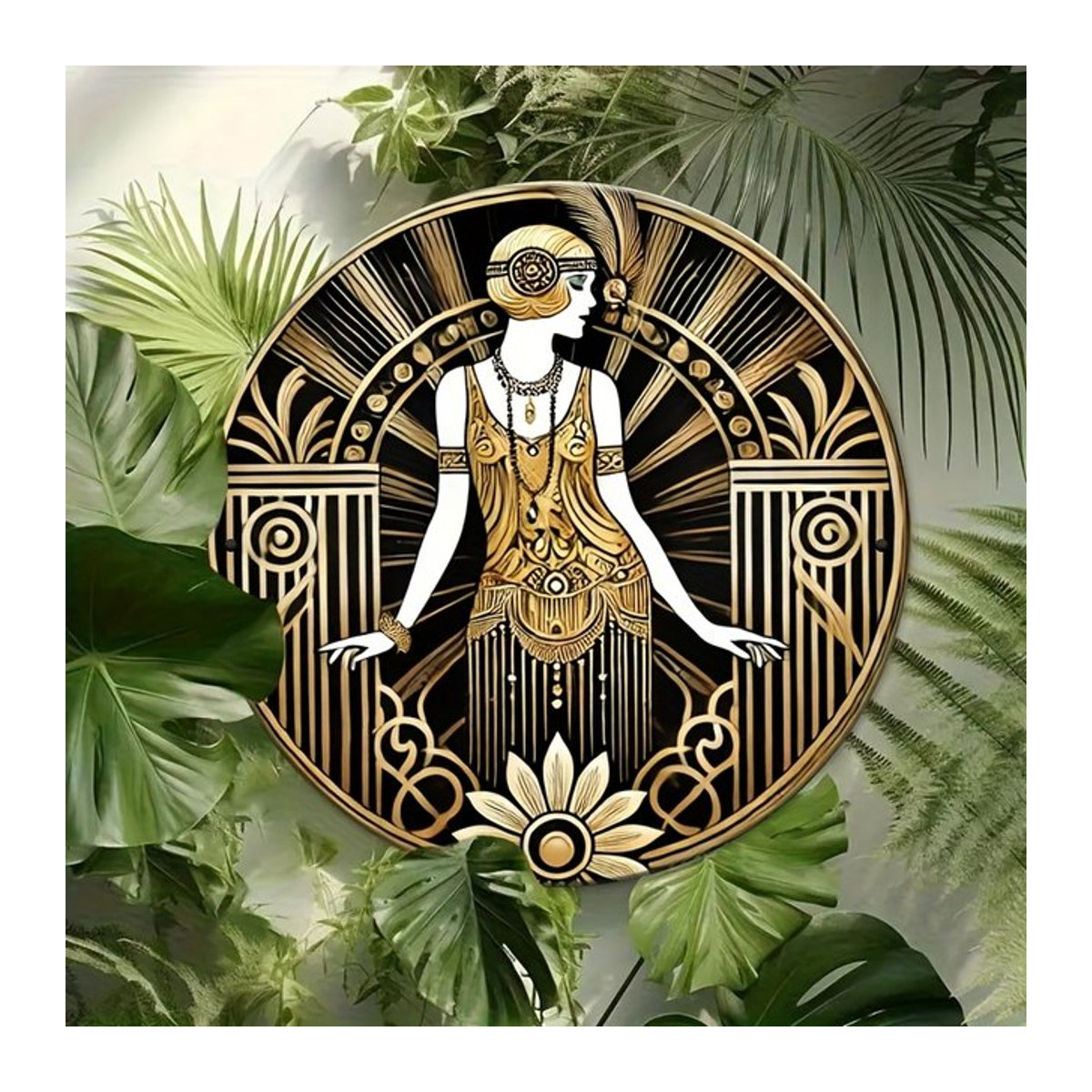 Rundes Vintage Metallschild Roaring Era 1920er Jahre mit goldener Frauen-Silhouette und floralem Design in Schwarz - Bild 1