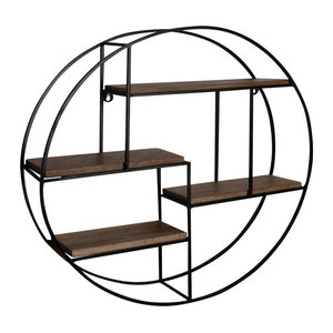 Rundes Wandregal FineBuy aus Massivholz und Metall im Industrial Design, Braun, B/H/T: 70 x 70 x 18 cm