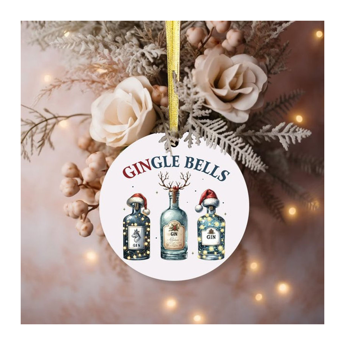 Rundes Weihnachts-Hängeornament aus Acryl in Weiß mit Flaschen-Design für deinen Weihnachtsbaum und deine Dekoration - Bild 1