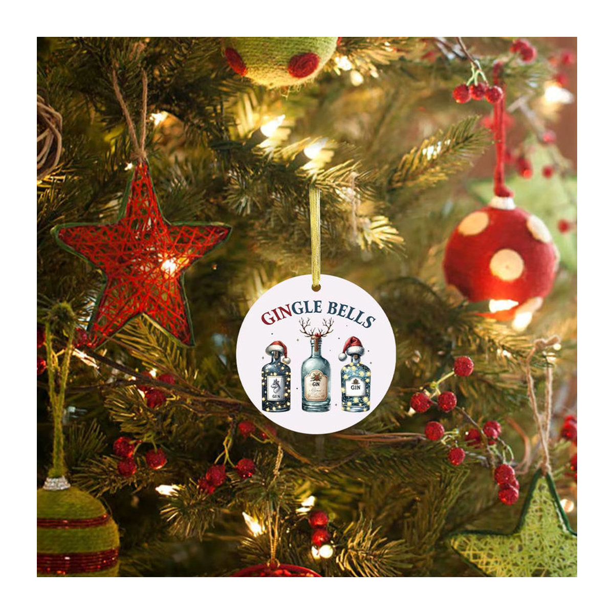 Rundes Weihnachts-Hängeornament aus Acryl in Weiß mit Flaschen-Design für deinen Weihnachtsbaum und deine Dekoration - Bild 3