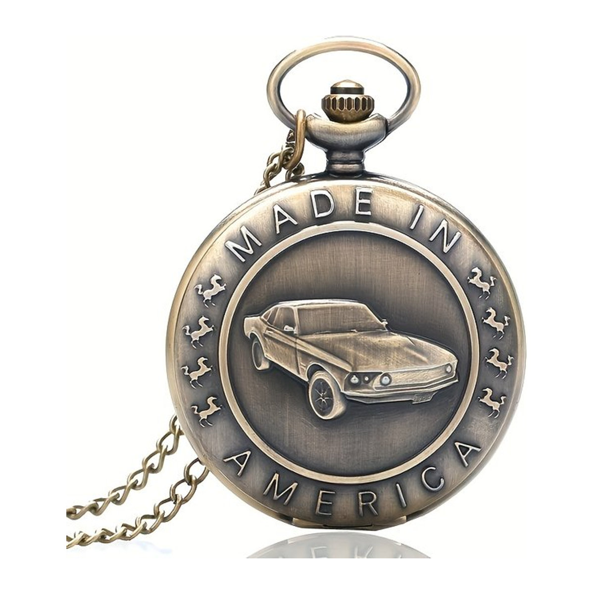 RUNERR Mustang Auto Taschenuhr aus Metall in Gold mit Vintage-Design und rundem Gehäuse - Bild 1