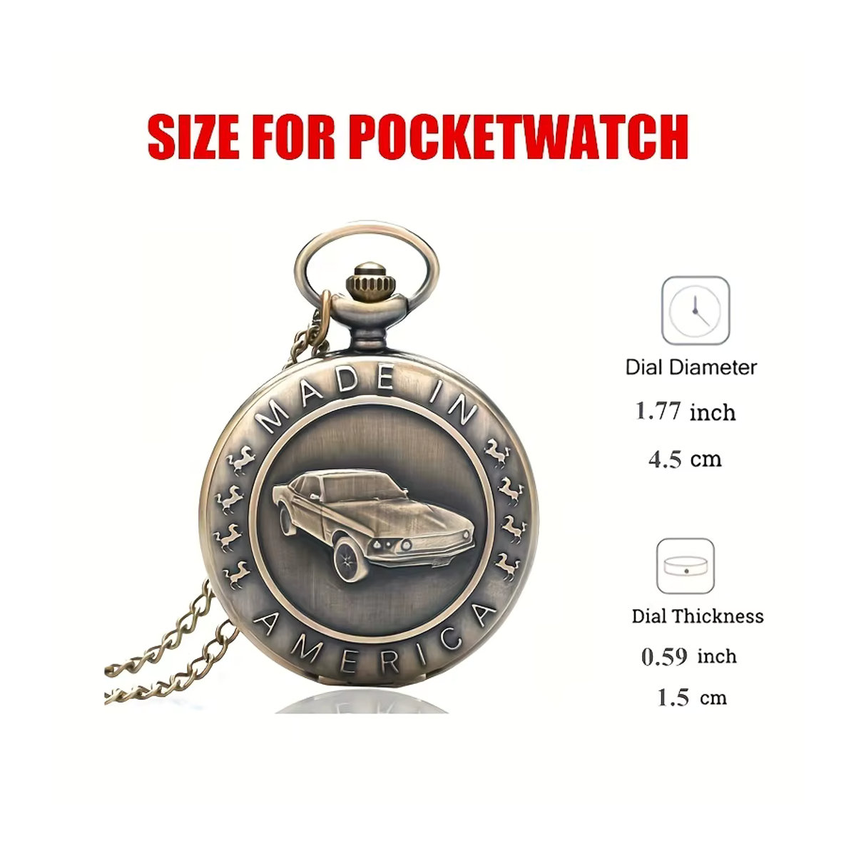 RUNERR Mustang Auto Taschenuhr aus Metall in Gold mit Vintage-Design und rundem Gehäuse - Bild 4