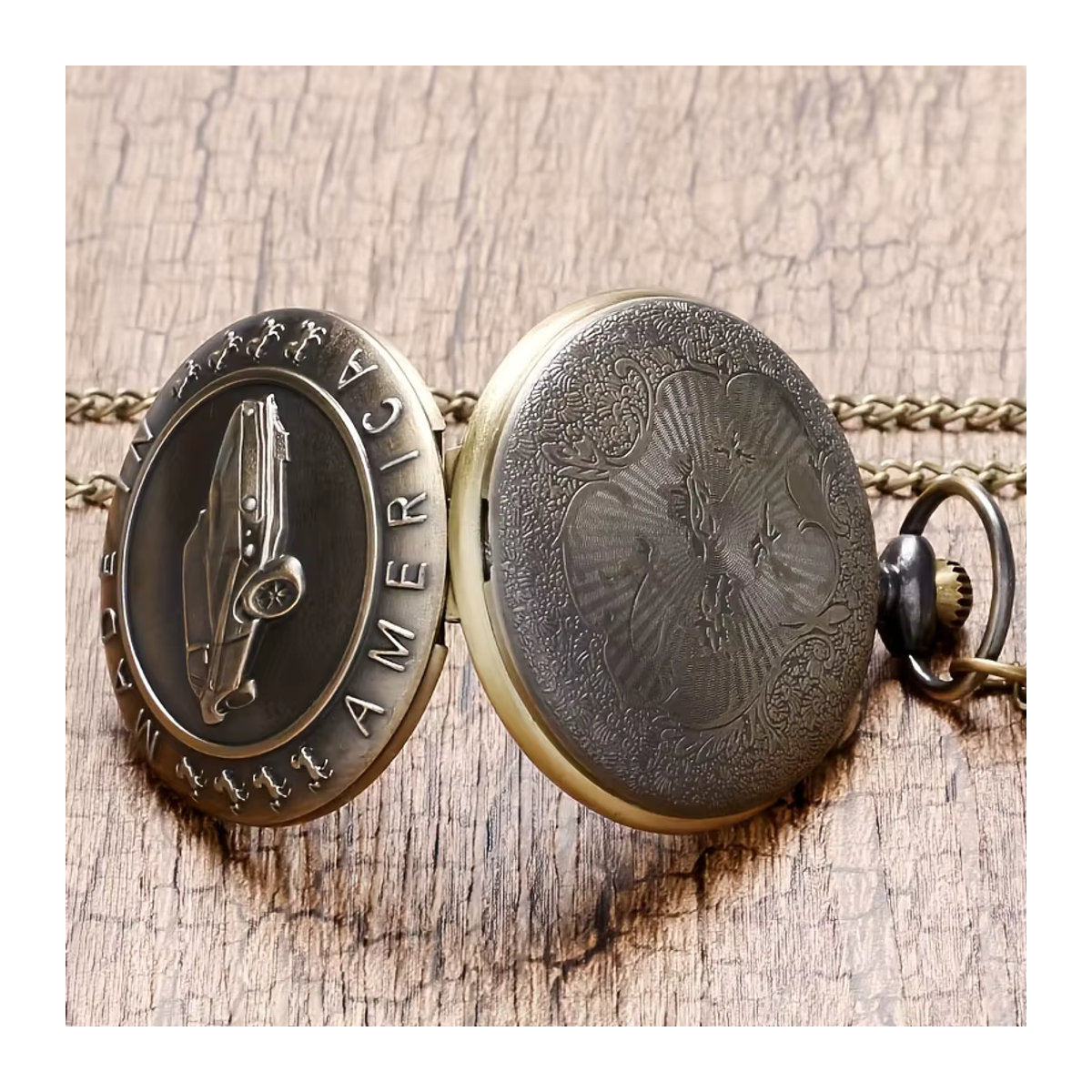 RUNERR Mustang Auto Taschenuhr aus Metall in Gold mit Vintage-Design und rundem Gehäuse - Bild 5