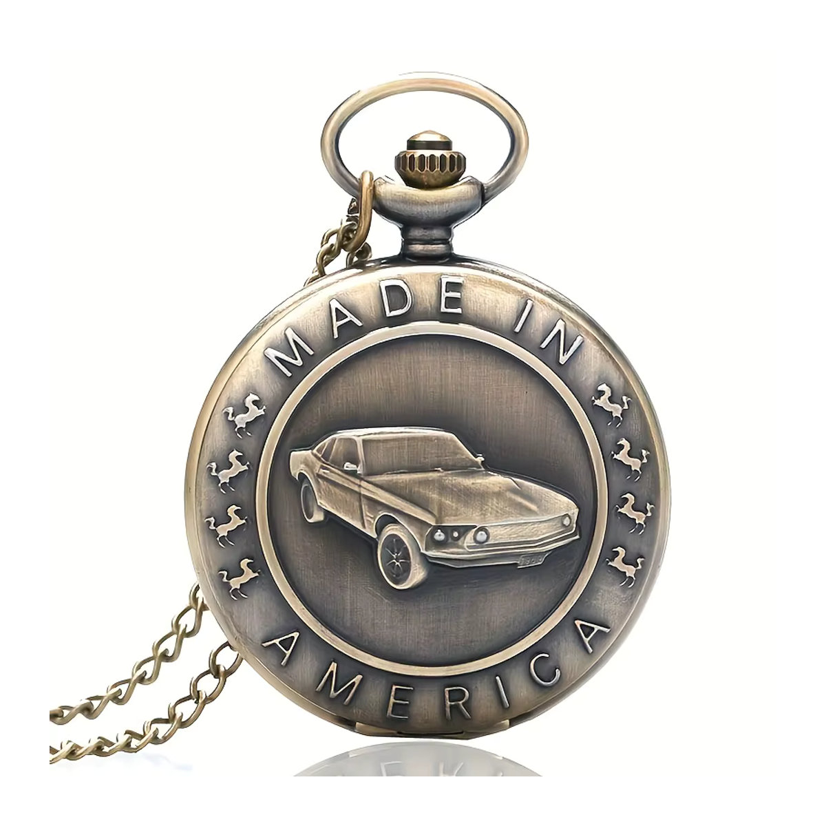 RUNERR Mustang Auto Taschenuhr aus Metall in Gold mit Vintage-Design und rundem Gehäuse - Bild 6