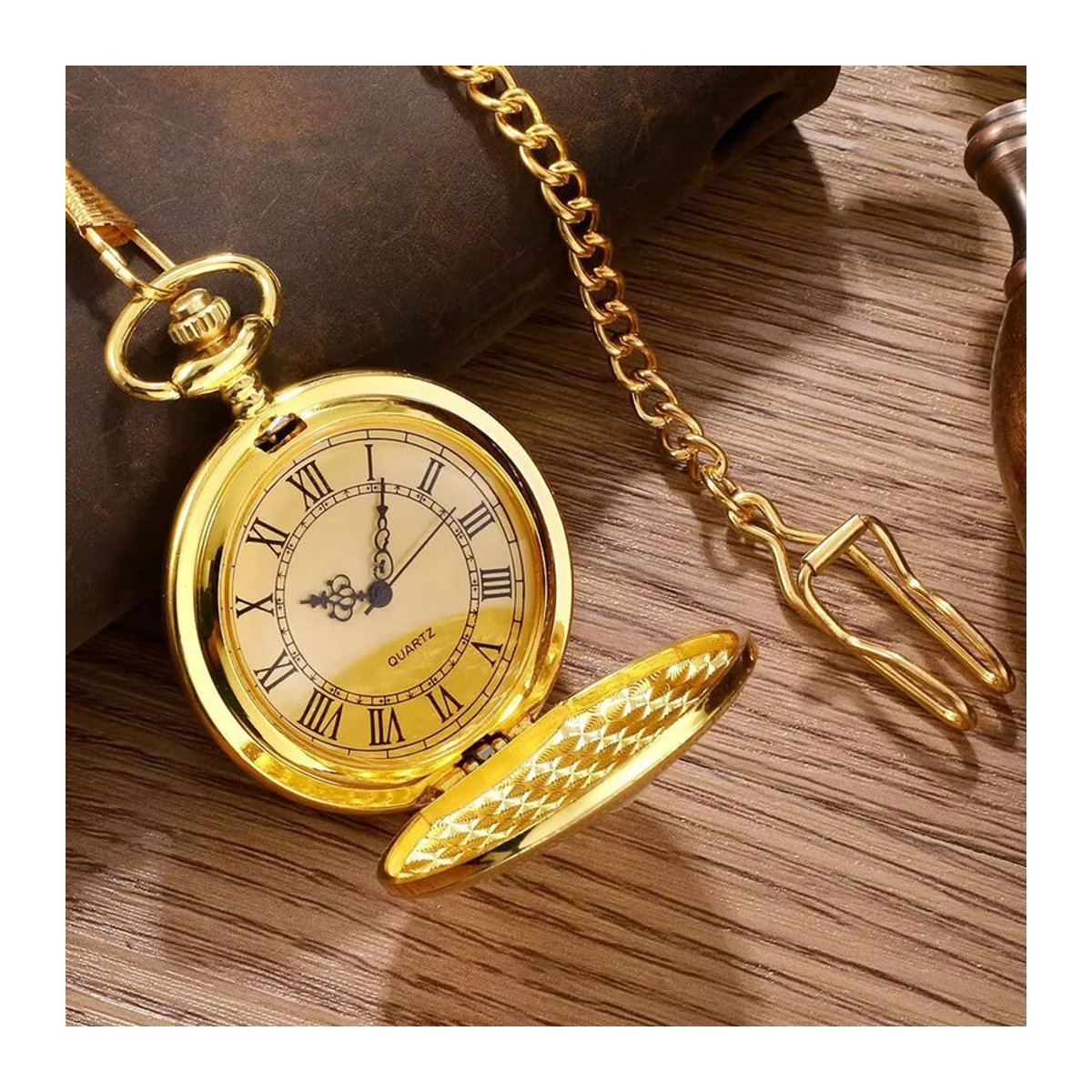RUNERR Vintage Quarz-Taschenuhr im Steampunk-Design für Damen und Herren, Gold, Metall, Rund mit floralem Muster - Bild 3