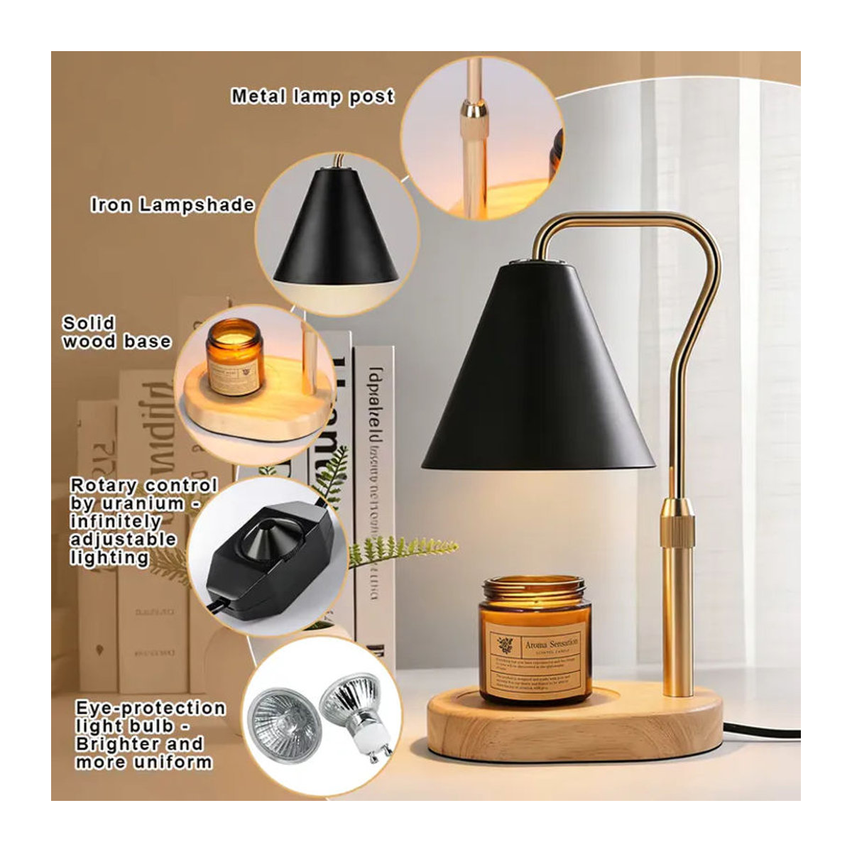 RUNTOIN Moderne Kerzenerwärmer-Lampe aus Holz in Schwarz, dimmbar und verstellbar als Tischlampe - Bild 3
