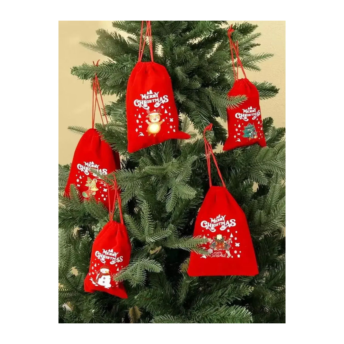 Runtow Weihnachts-Samtbeutel mit Kordelzug in Rot, 12 Stück Stoffbeutel mit Weihnachtsmann und Schneemann als Hängeornament zur Weihnachtsdekoration - Bild 7