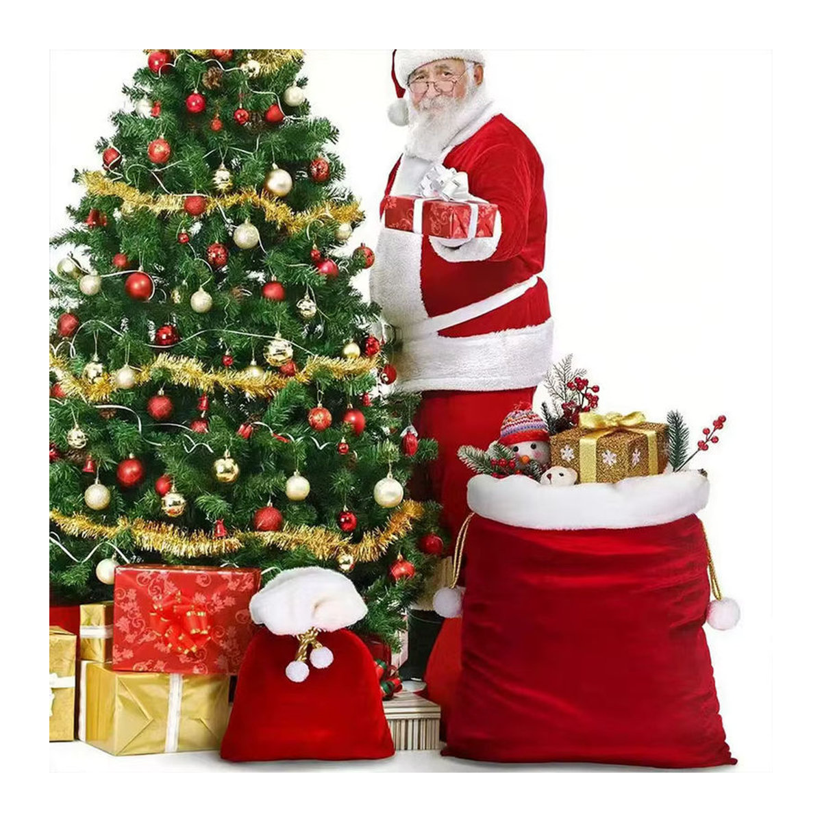 Runtow Weihnachtsgeschenktüte aus rotem Samt mit Kordelzug zur Weihnachtsdekoration - Bild 1