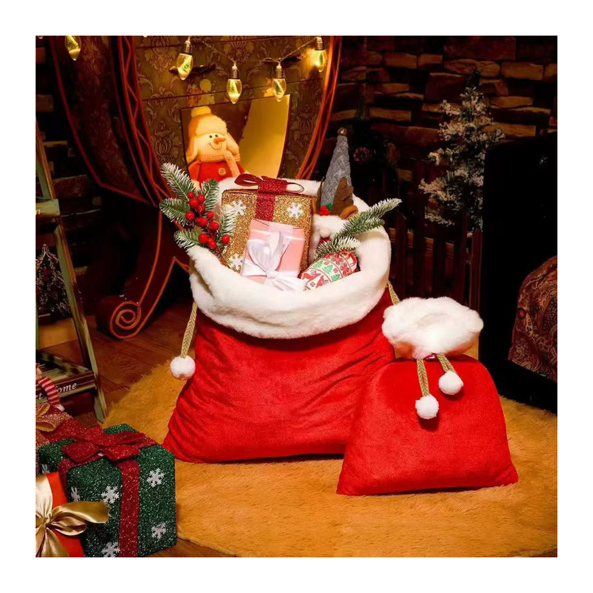 Runtow Weihnachtsgeschenktüte aus rotem Samt mit Kordelzug zur Weihnachtsdekoration - Bild 2
