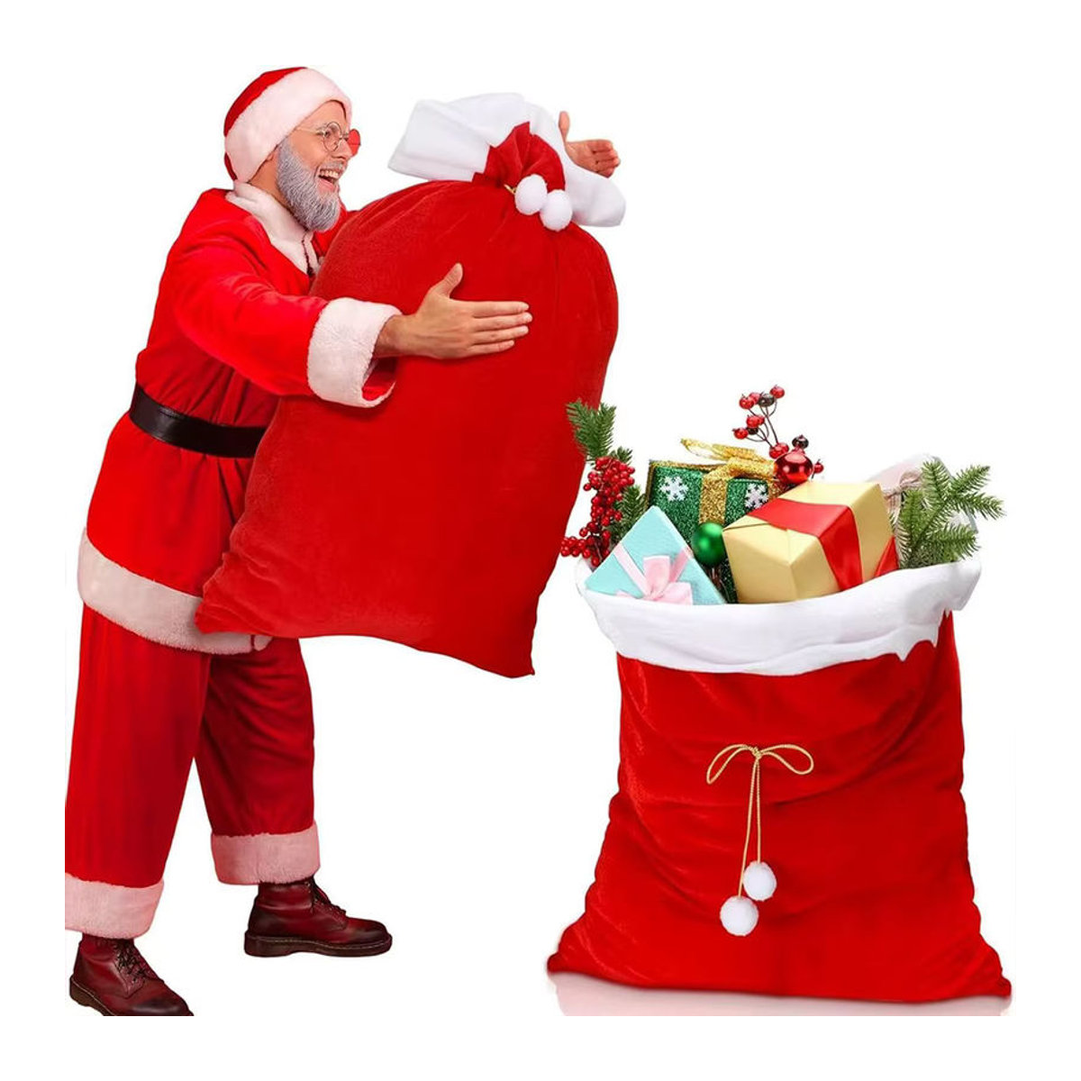 Runtow Weihnachtsgeschenktüte aus rotem Samt mit Kordelzug zur Weihnachtsdekoration - Bild 4
